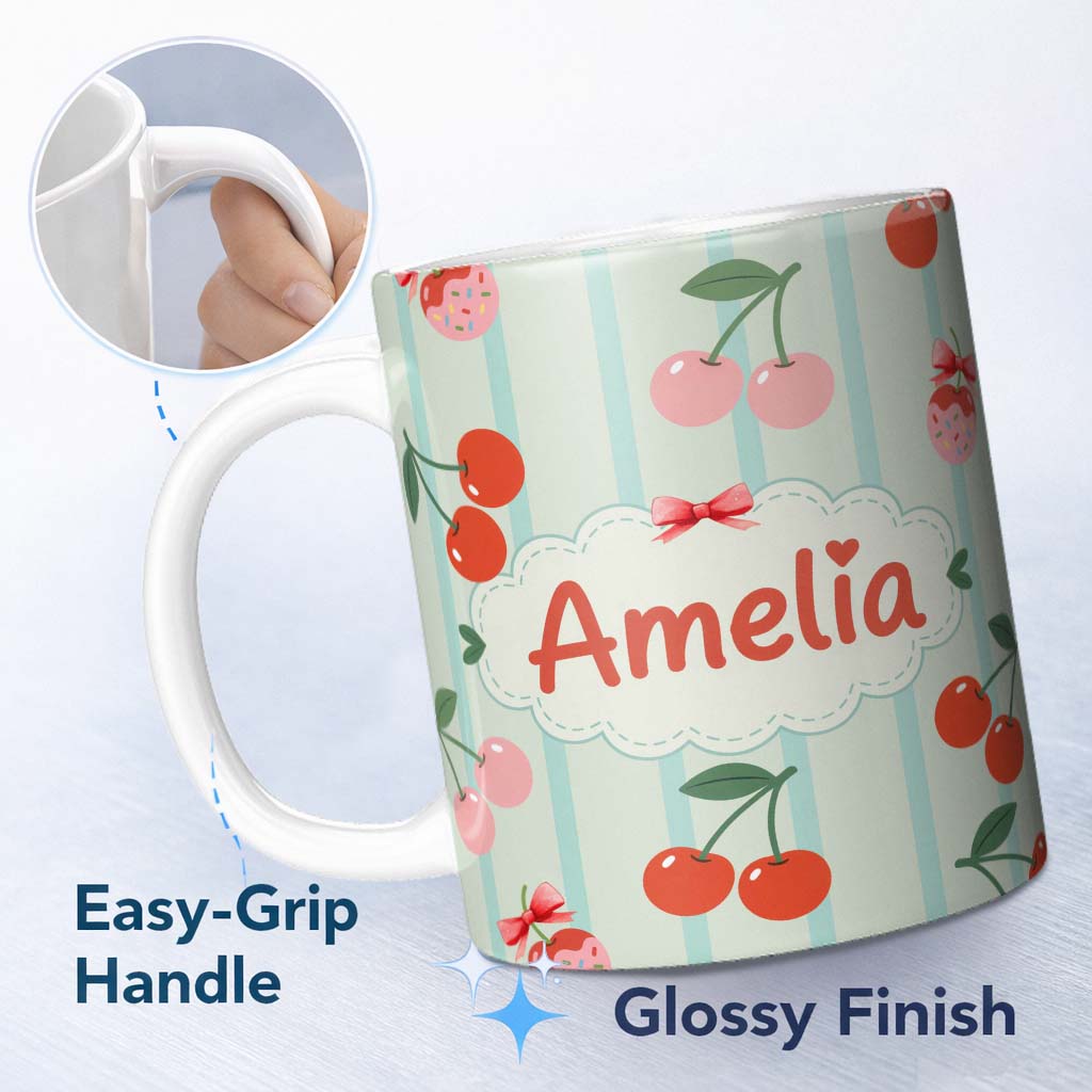 Personalized Custom Name Cherry Fruit Vertical Stripe Green Background Seamless Pattern 11oz Ceramic Coffee Tea Mug White Large Handle