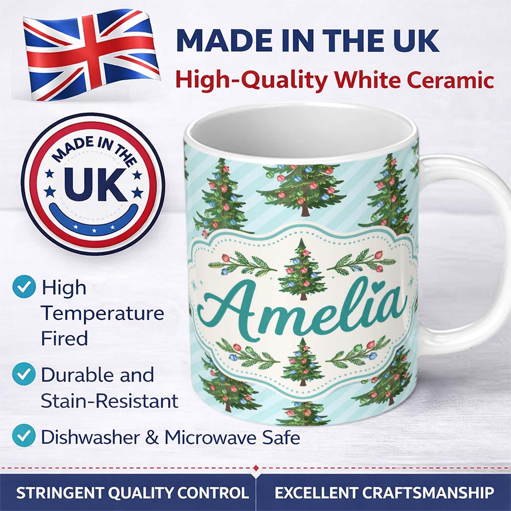 Personalized Custom Name Decorated Christmas Tree with Colorful Baubles on Blue Striped 11oz Ceramic Coffee Tea Mug White Large Handle