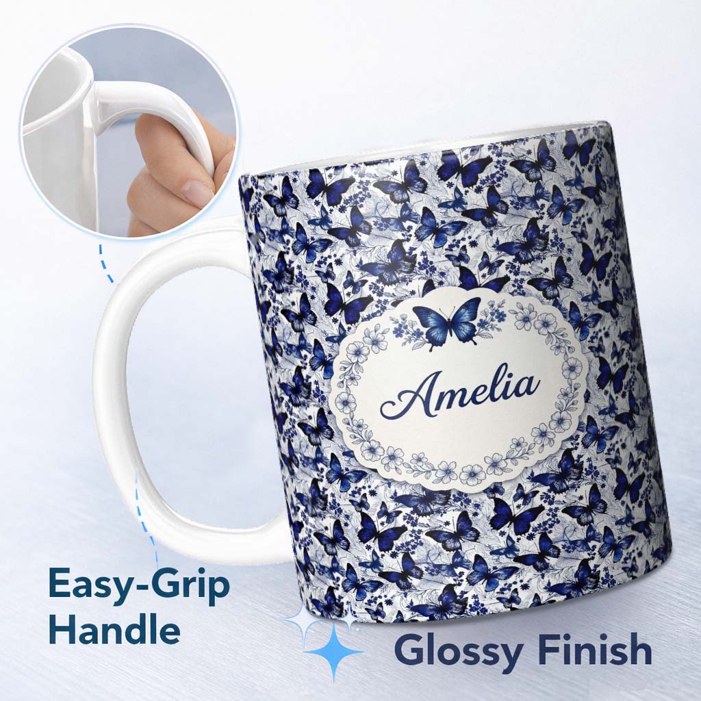 Personalized Custom Name Blue Butterfly Garden Floral Detailed Seamless Pattern Lovely 11oz Ceramic Coffee Tea Mug White Large Handle