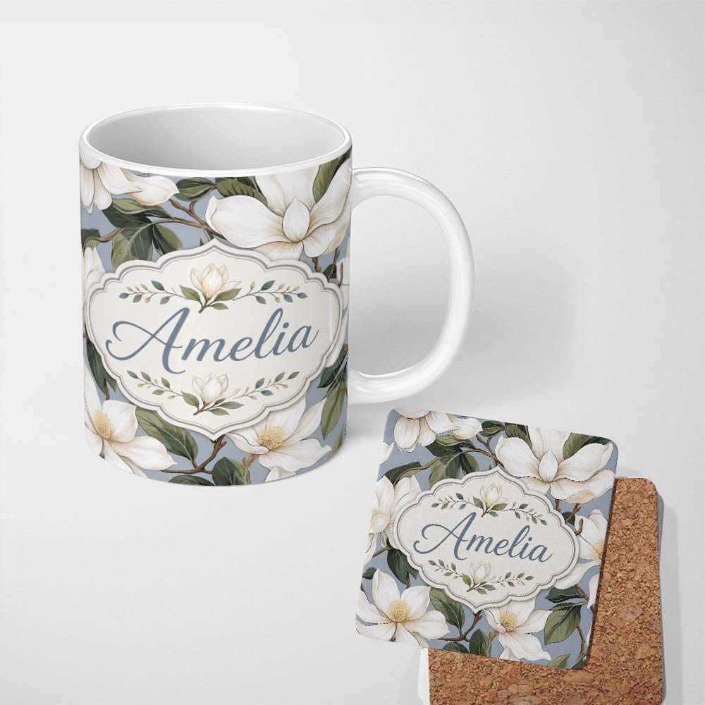 Personalized Custom Name Vintage Magnolia Floral Branches Soft Neutral Background Seamless 11oz Ceramic Coffee Tea Mug White Large Handle