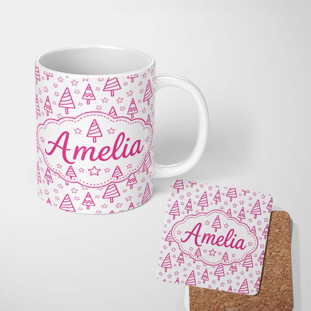 Personalized Custom Name Minimal Pink Christmas Tree Star Seamless Pattern Cute Unique Gift 11oz Ceramic Coffee Tea Mug White Large Handle
