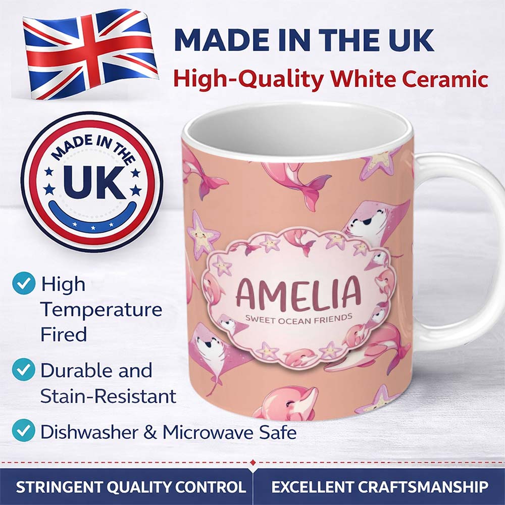Personalized Custom Name Cute Pink Dolphins and Starfish Seamless Ocean Pattern Peach Lovely 11oz Ceramic Coffee Tea Mug White Large Handle