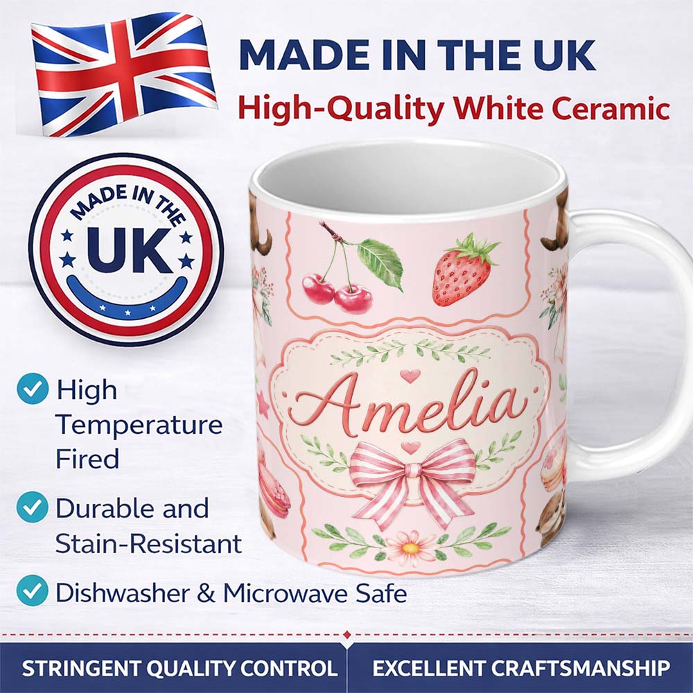 Personalized Custom Name Cute Strawberry Cherry Ribbon Bow Sweet Dessert Pattern Blush Pink 11oz Ceramic Coffee Tea Mug White Large Handle