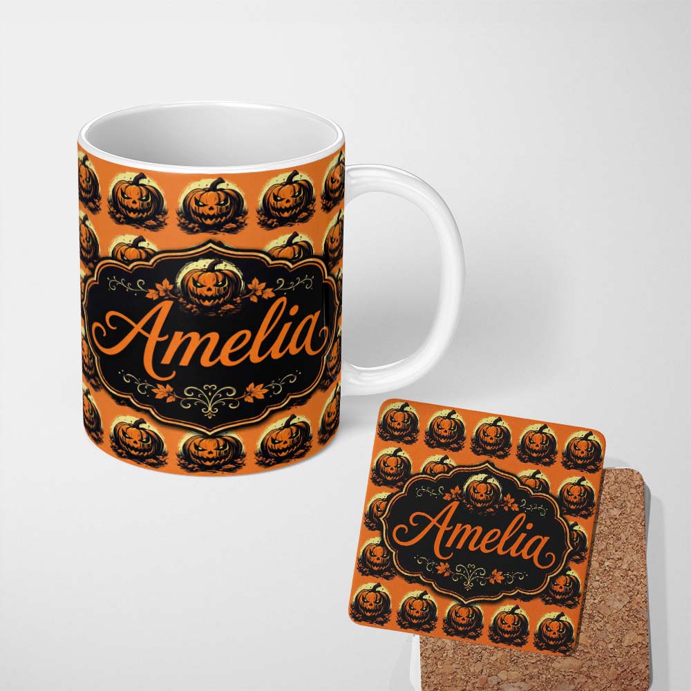 Personalized Custom Name Spooky Jack O Lantern Orange Background Classic Halloween Seamless 11oz Ceramic Coffee Tea Mug White Large Handle