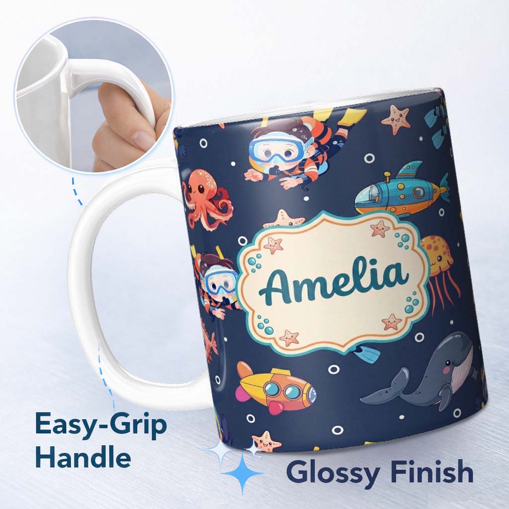 Personalized Custom Name Kid Scuba Diver Submarine Jellyfish Ocean Animal Purple Bubble 11oz Ceramic Coffee Tea Mug White Large Handle