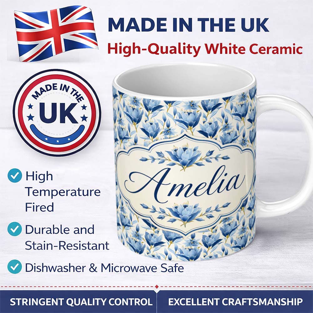 Personalized Custom Name Blue Floral Botanical Elegant Seamless Pattern Perfect Gift for Her 11oz Ceramic Coffee Tea Mug White Large Handle