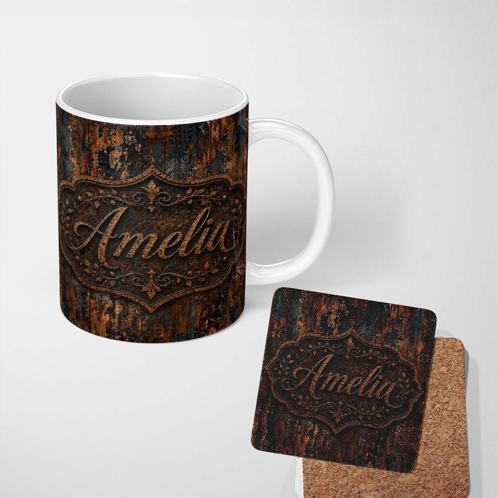 Personalized Custom Name Rust and Gold Splatter Texture Dark Metallic Grunge Seamless Pattern 11oz Ceramic Coffee Tea Mug White Large Handle