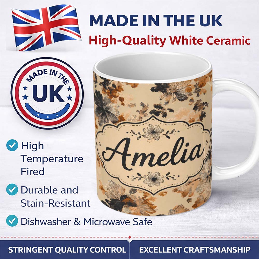 Personalized Custom Name Artistic Watercolor Floral with Soft Neutral Tones Texture Lovely 11oz Ceramic Coffee Tea Mug White Large Handle