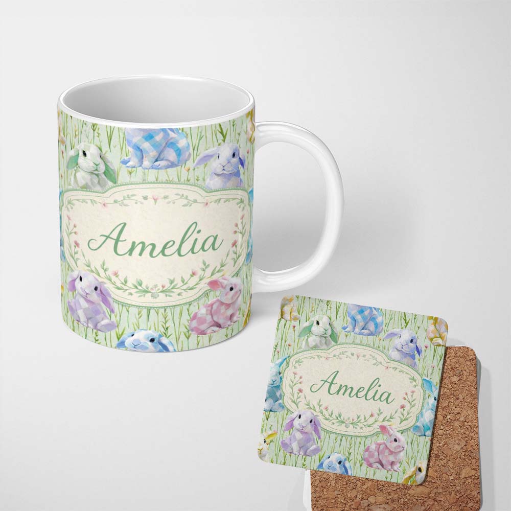 Personalized Custom Name Pastel Bunny Meadow Spring Seamless Pattern Charming Kitchen Decor 11oz Ceramic Coffee Tea Mug White Large Handle