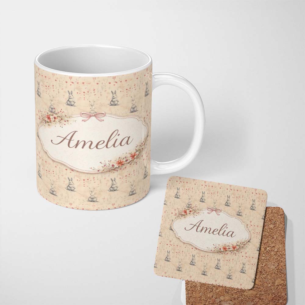 Personalized Custom Name Delicate Grey Bunny Floral Hearts Vintage Seamless Pattern Lovely 11oz Ceramic Coffee Tea Mug White Large Handle