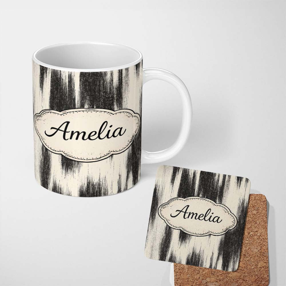 Personalized Custom Name Wavy Woodgrain Lines Black Cream Organic Texture Pattern Lovely 11oz Ceramic Coffee Tea Mug White Large Handle