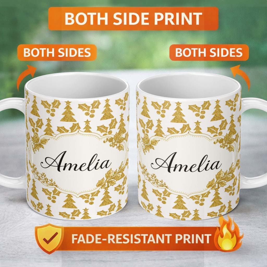 Personalized Custom Name Gold Glitter Christmas Tree Pattern Festive Design Cute Unique Gift 11oz Ceramic Coffee Tea Mug White Large Handle