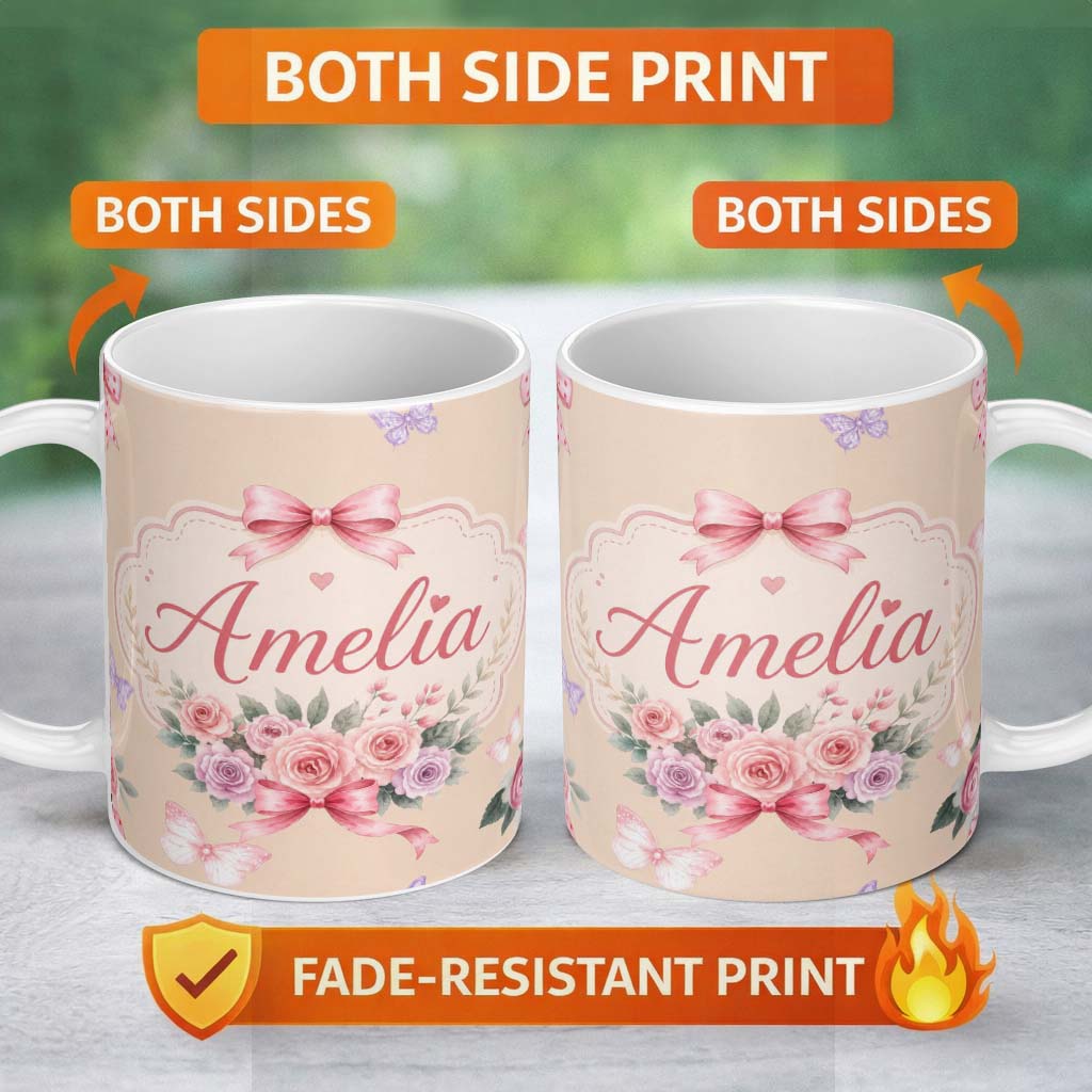 Personalized Custom Name Elegant Watercolor Rose Bouquet Ribbon Butterfly Warm Beige Lovely 11oz Ceramic Coffee Tea Mug White Large Handle