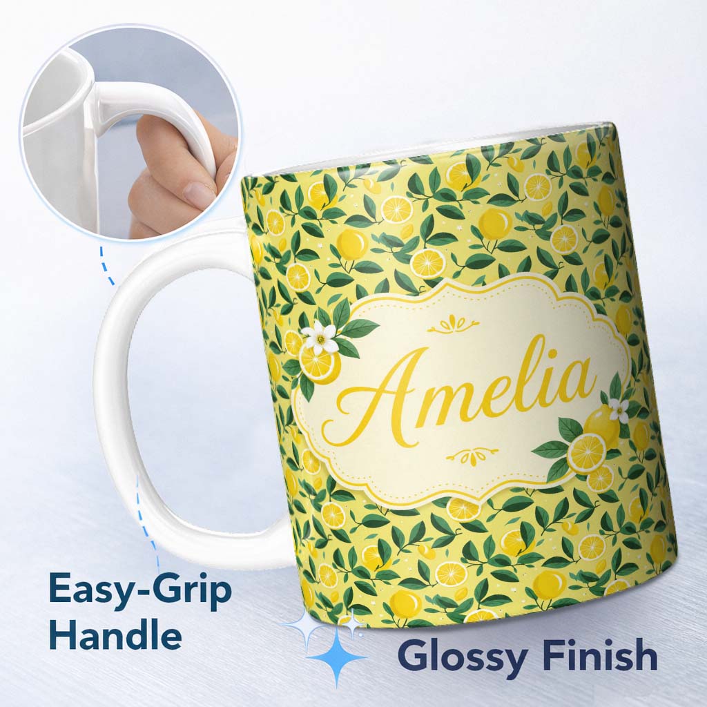 Personalized Custom Name Modern Flat Style Lemon Slices and Leaves on Yellow Background 11oz Ceramic Coffee Tea Mug White Large Handle