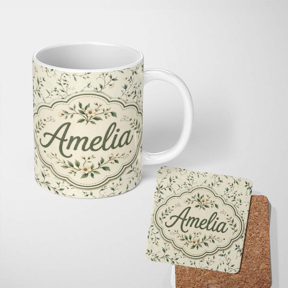 Personalized Custom Name Delicate Green Botanical Branches on Soft Cream Seamless Pattern 11oz Ceramic Coffee Tea Mug White Large Handle