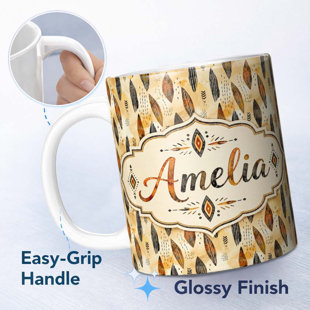 Personalized Custom Name Rustic Feather Tribal Pattern Warm Brown Tones Seamless Pattern 11oz Ceramic Coffee Tea Mug White Large Handle