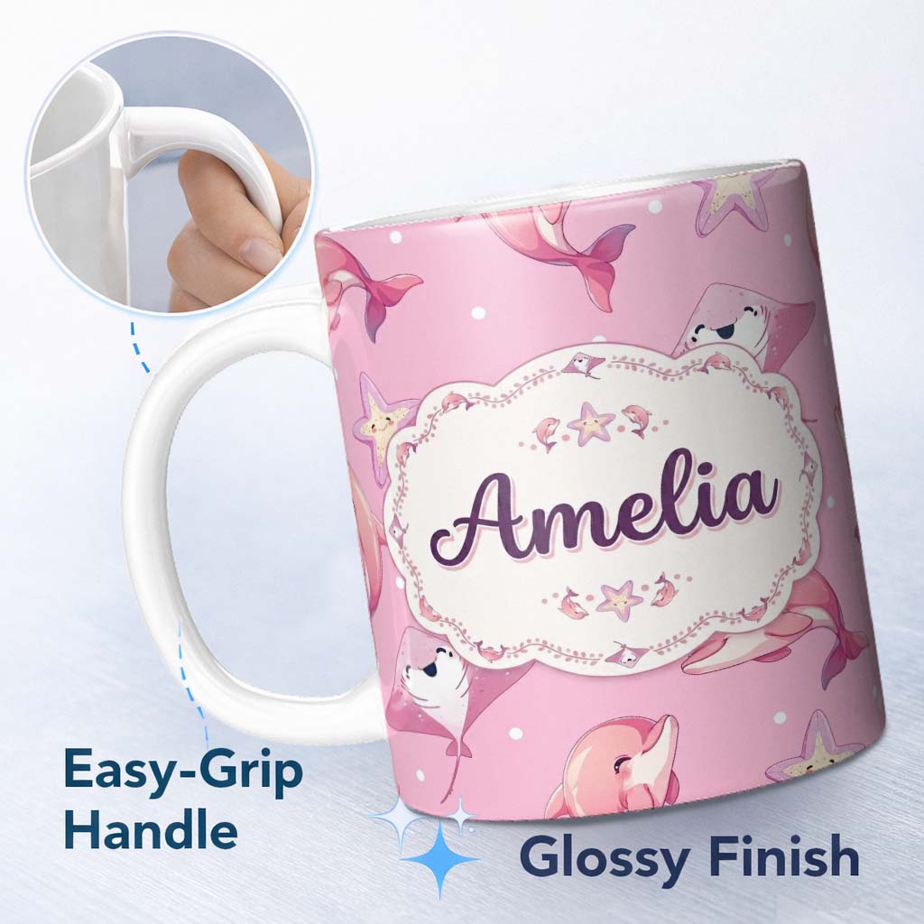 Personalized Custom Name Cute Pink Dolphins and Starfish Seamless Ocean Pattern Pink Lovely 11oz Ceramic Coffee Tea Mug White Large Handle