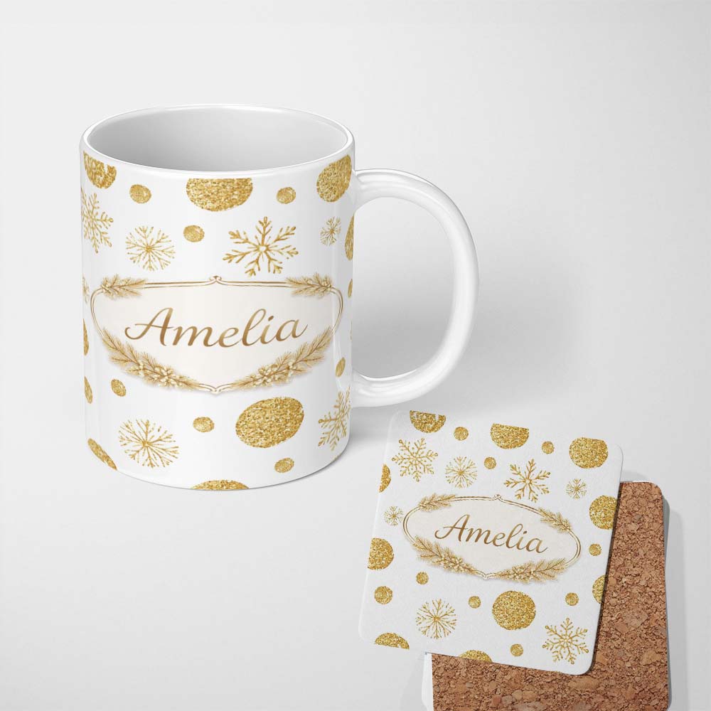 Personalized Custom Name Gold Snowflakes and Glitter Dots Seamless Pattern Cute Unique Gift 11oz Ceramic Coffee Tea Mug White Large Handle