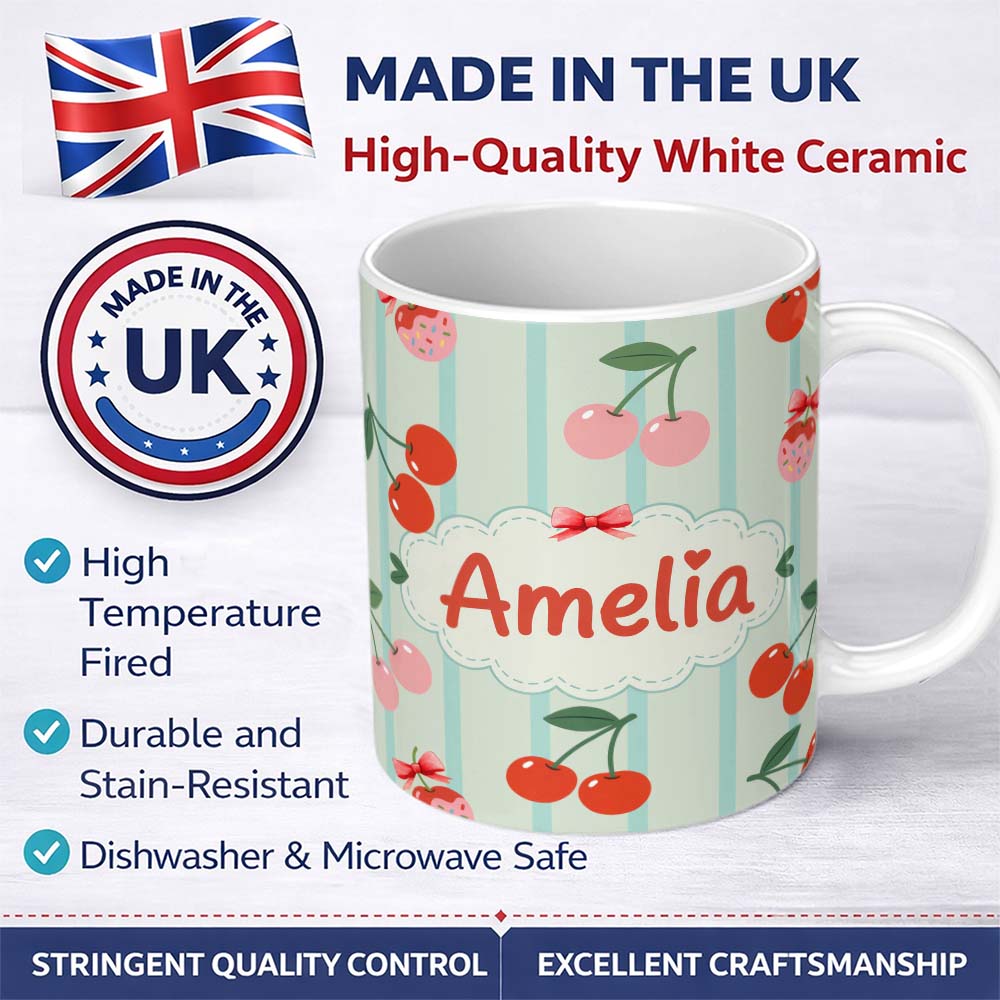 Personalized Custom Name Cherry Fruit Vertical Stripe Green Background Seamless Pattern 11oz Ceramic Coffee Tea Mug White Large Handle