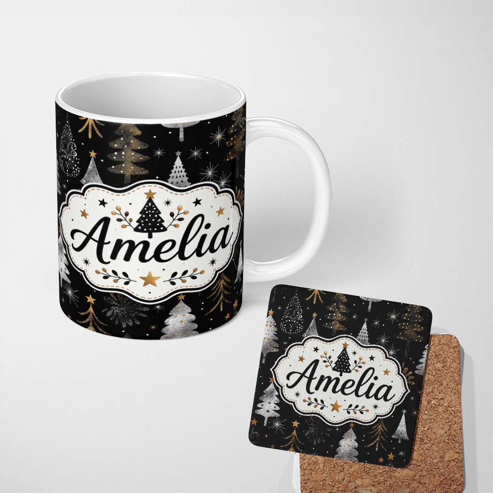 Personalized Custom Name Luxury Christmas Trees Black Gold Silver Glitter Stars Seamless 11oz Ceramic Coffee Tea Mug White Large Handle