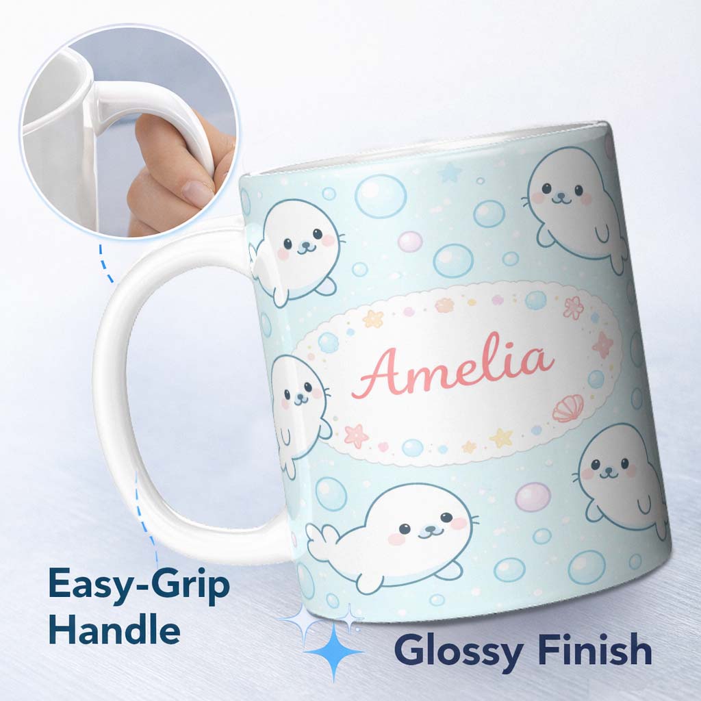 Personalized Custom Name Cute Kawaii Seal Cartoon Animal Ocean Pattern Stylish Everyday Mug 11oz Ceramic Coffee Tea Mug White Large Handle