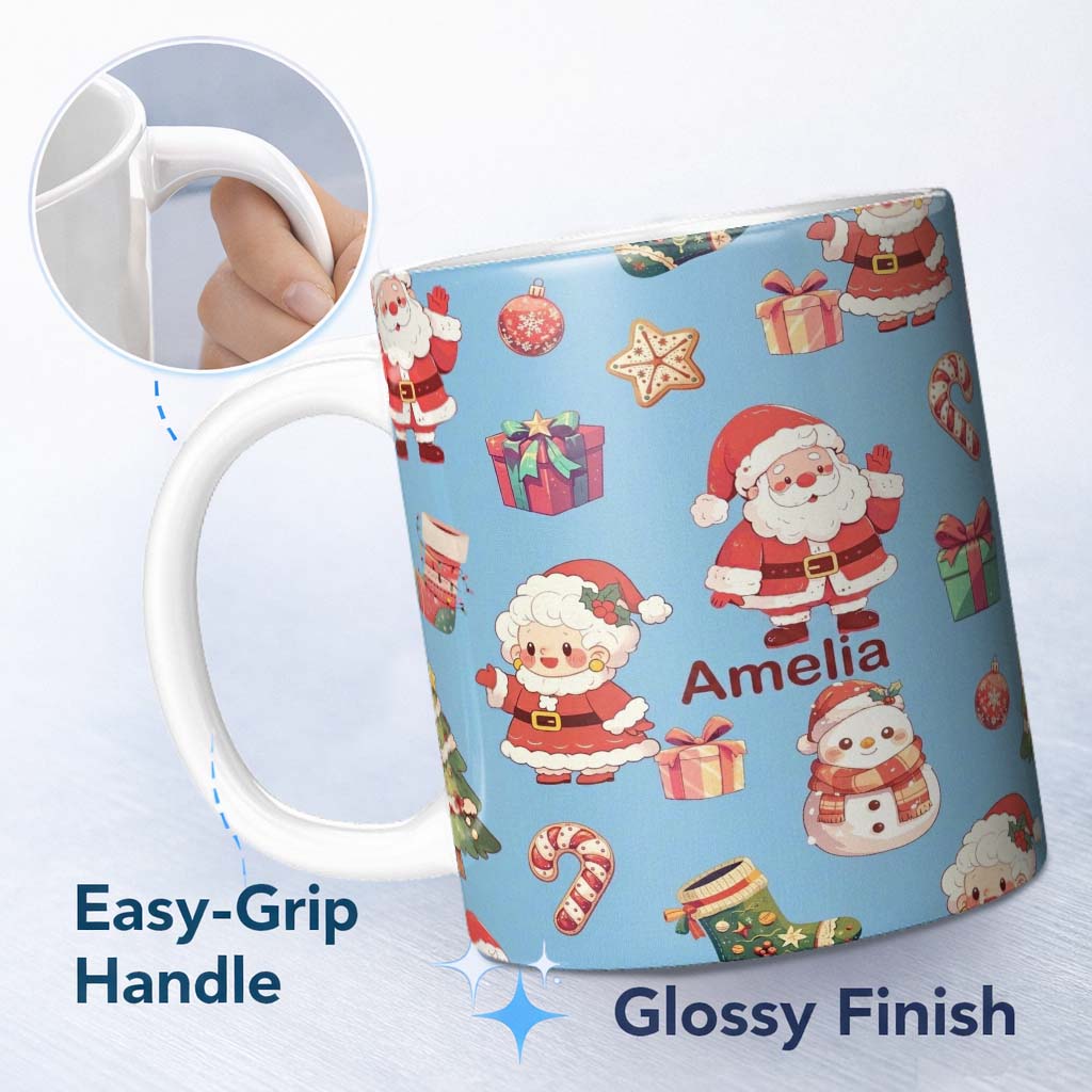 Personalized Custom Name Cute Santa Claus Mrs Claus Snowman Christmas Gift Pattern Blue 11oz Ceramic Coffee Tea Mug White Large Handle