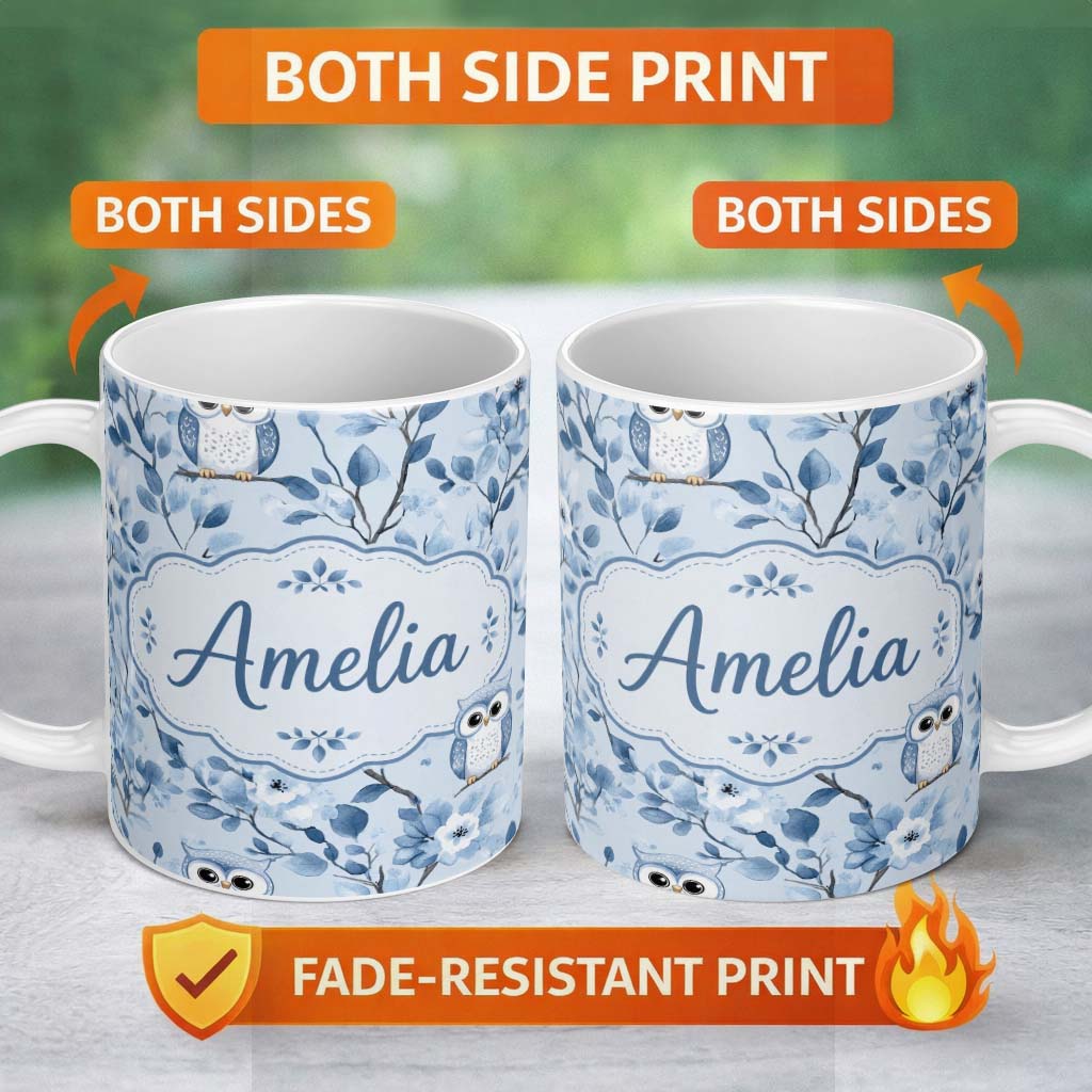 Personalized Custom Name Cute Blue Owl Birds with Floral Branch Background Seamless Pattern 11oz Ceramic Coffee Tea Mug White Large Handle
