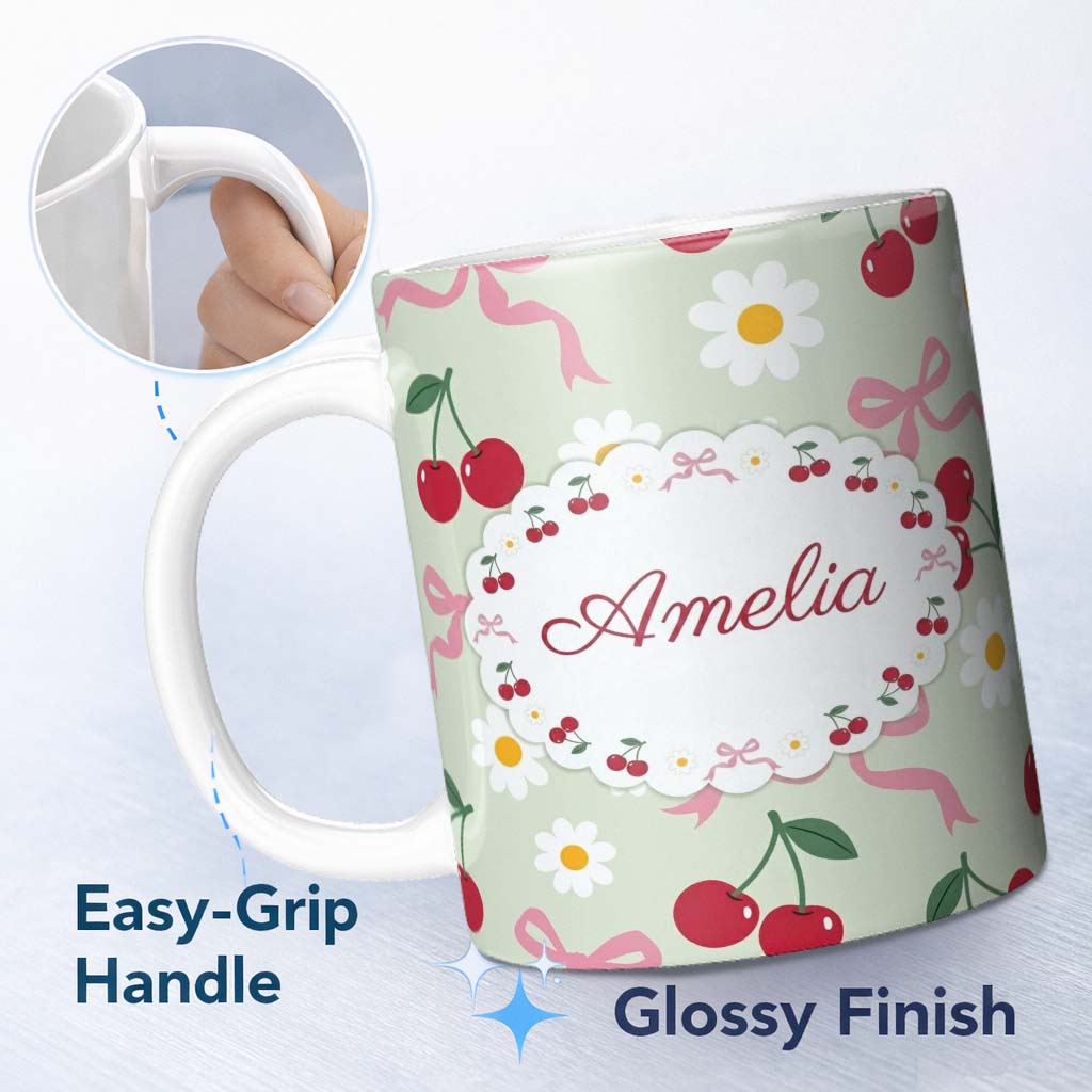 Personalized Custom Name Cute Cherry and Daisy Flowers with Pink Ribbon Bows Sage Green 11oz Ceramic Coffee Tea Mug White Large Handle
