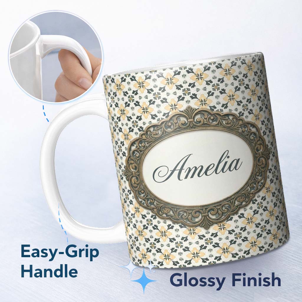Personalized Custom Name Stylish Black Gold Floral Tile Motif Seamless Pattern Lovely 11oz Ceramic Coffee Tea Mug White Large Handle