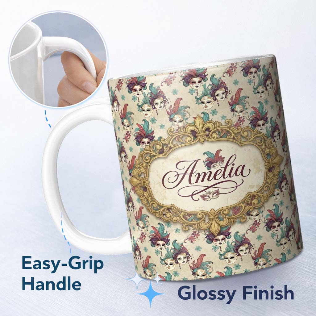 Personalized Custom Name Golden Venetian Masks with Decorative Elements on Cream Seamless 11oz Ceramic Coffee Tea Mug White Large Handle