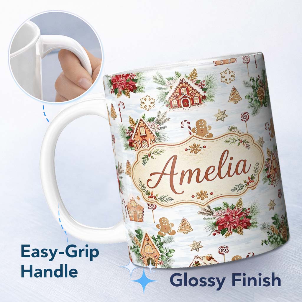 Personalized Custom Name Gingerbread Houses Candy Canes Winter Treats Seamless Pattern Lovely 11oz Ceramic Coffee Tea Mug White Large Handle