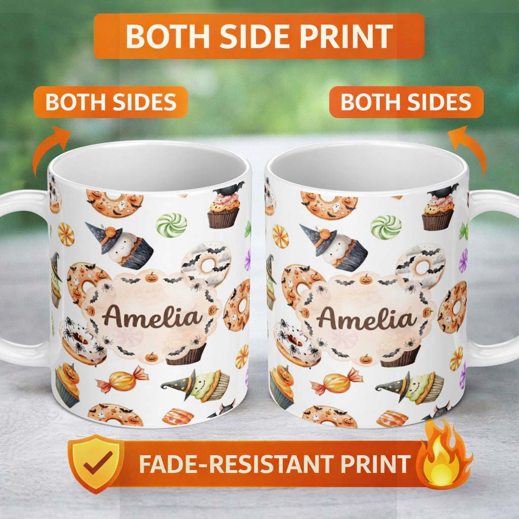 Personalized Custom Name Cute Halloween Donuts Cupcakes Bats Candy and Pumpkins White Lovely 11oz Ceramic Coffee Tea Mug White Large Handle