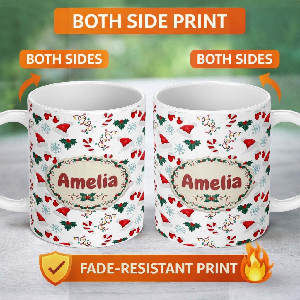 Personalized Custom Name Christmas Hat Mittens Candy Cane Holly Snowflake Seamless Pattern 11oz Ceramic Coffee Tea Mug White Large Handle