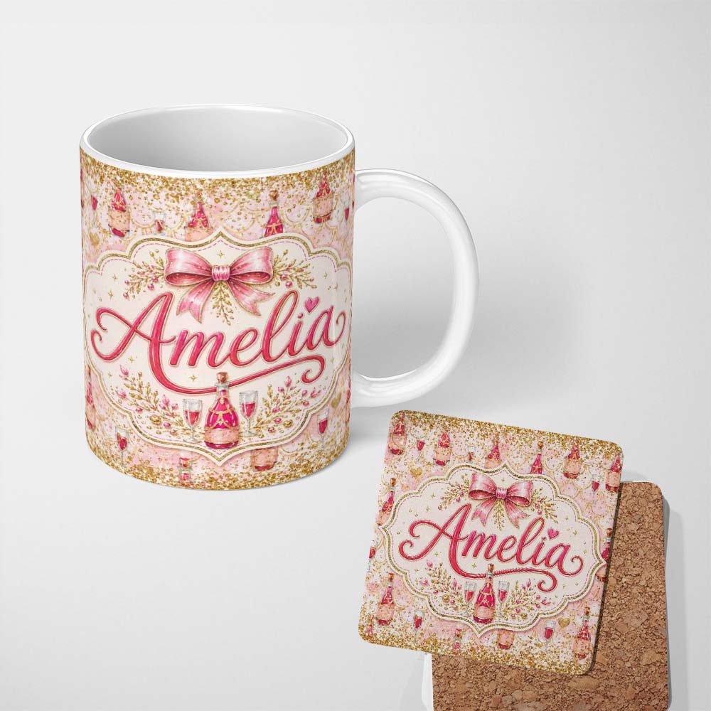 Personalized Custom Name Luxury Champagne Bottle Gold Glitter Celebration Seamless Pattern 11oz Ceramic Coffee Tea Mug White Large Handle