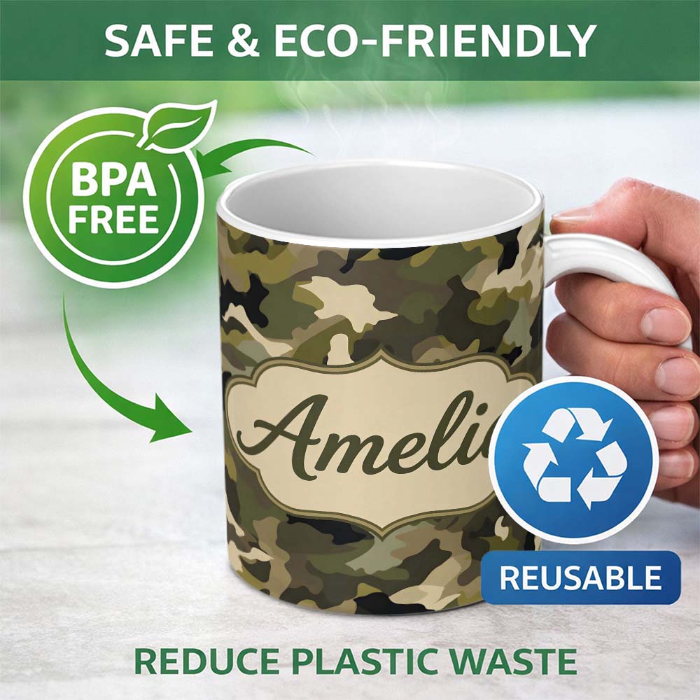 Personalized Custom Name Classic Green Army Camouflage Seamless Pattern Beautiful Coffee Cup 11oz Ceramic Coffee Tea Mug White Large Handle
