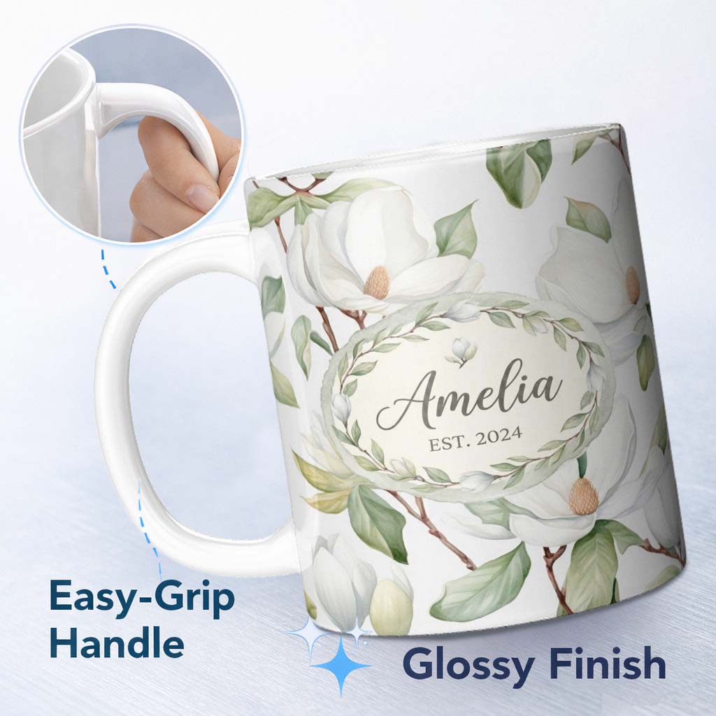 Personalized Custom Name Delicate Magnolia Flowers and Buds Seamless Pattern Cute Unique Gift 11oz Ceramic Coffee Tea Mug White Large Handle