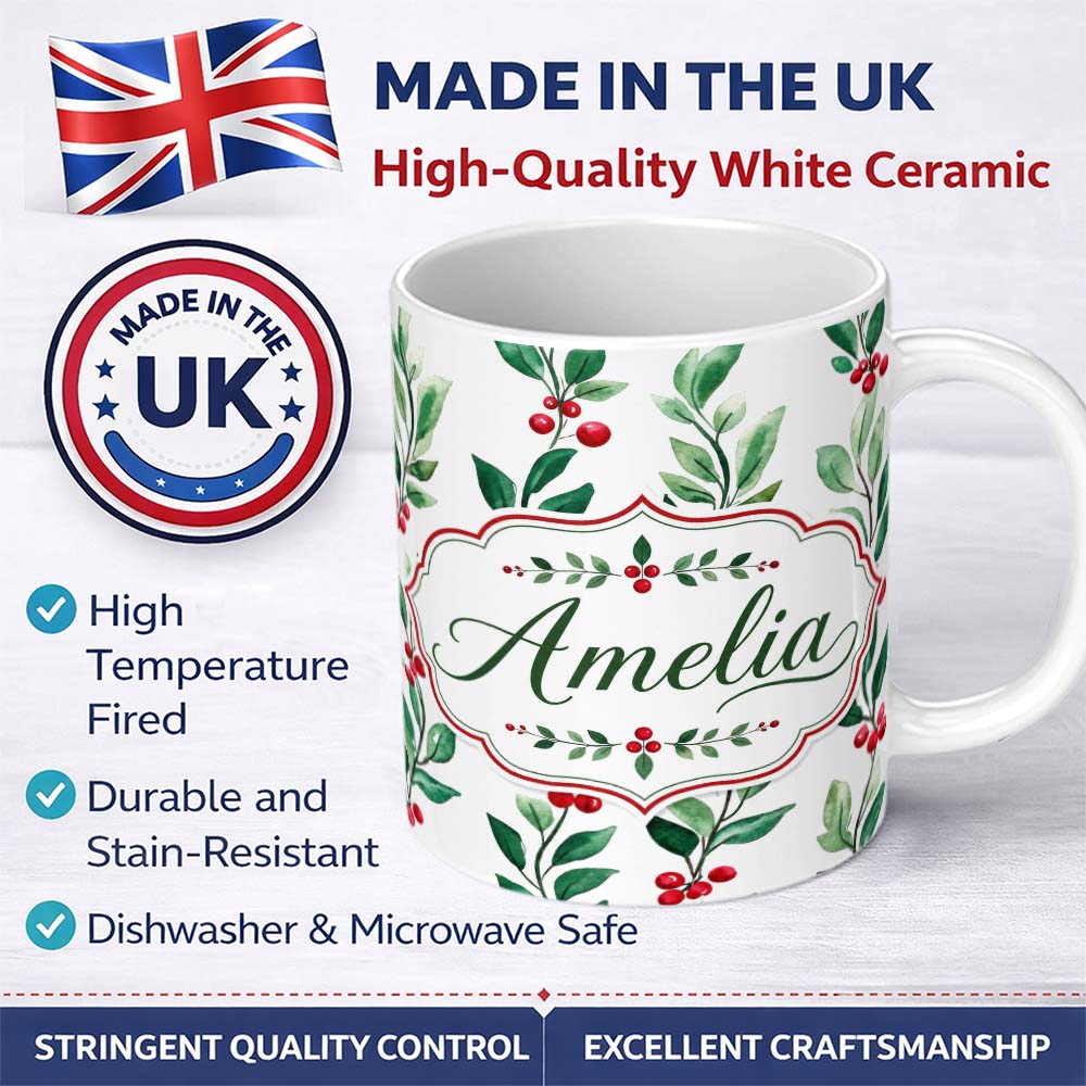 Personalized Custom Name Watercolor Winter Berry Branches Red Green Seamless Pattern Lovely 11oz Ceramic Coffee Tea Mug White Large Handle