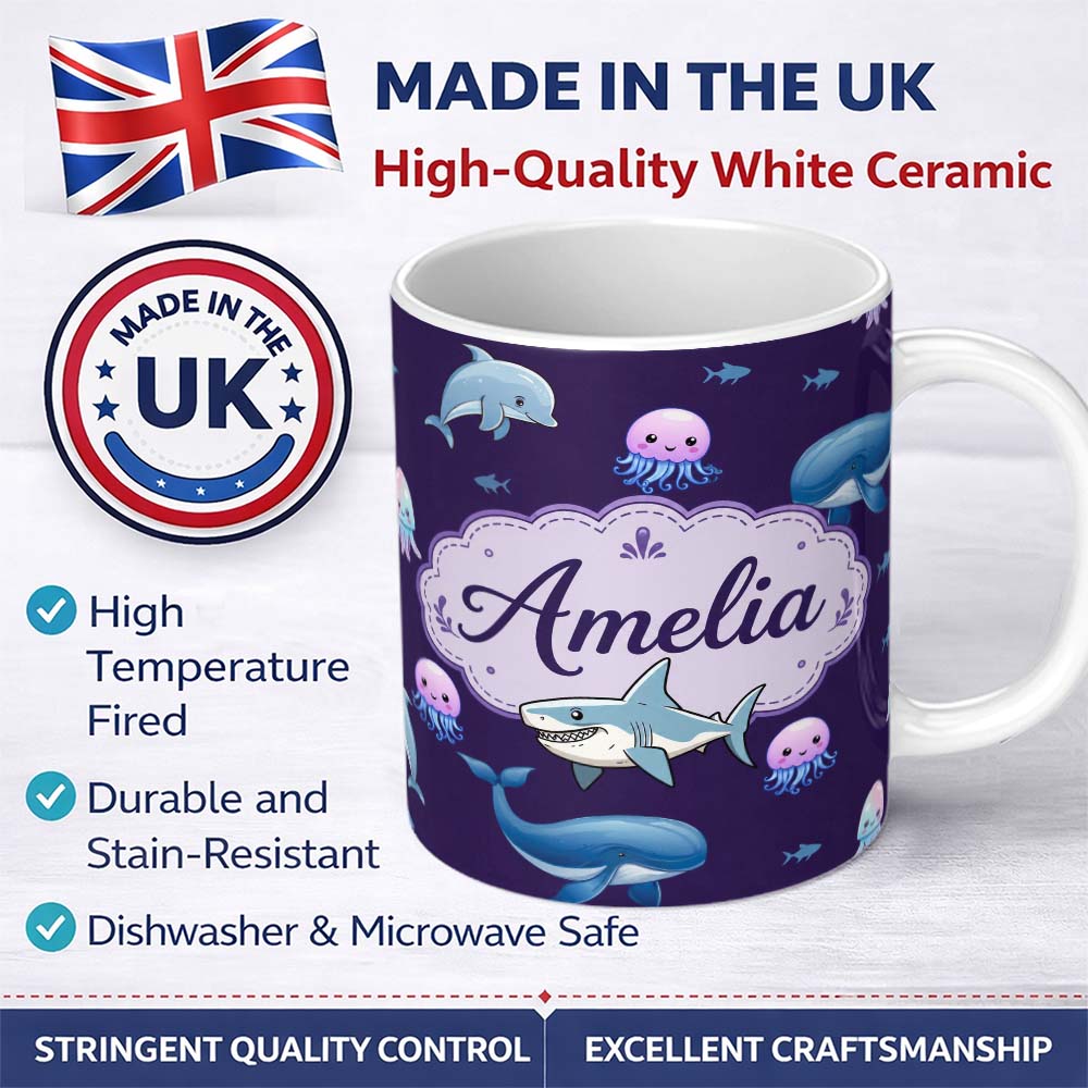Personalized Custom Name Cute Dolphin Shark and Jellyfish Ocean Animals Purple Background 11oz Ceramic Coffee Tea Mug White Large Handle