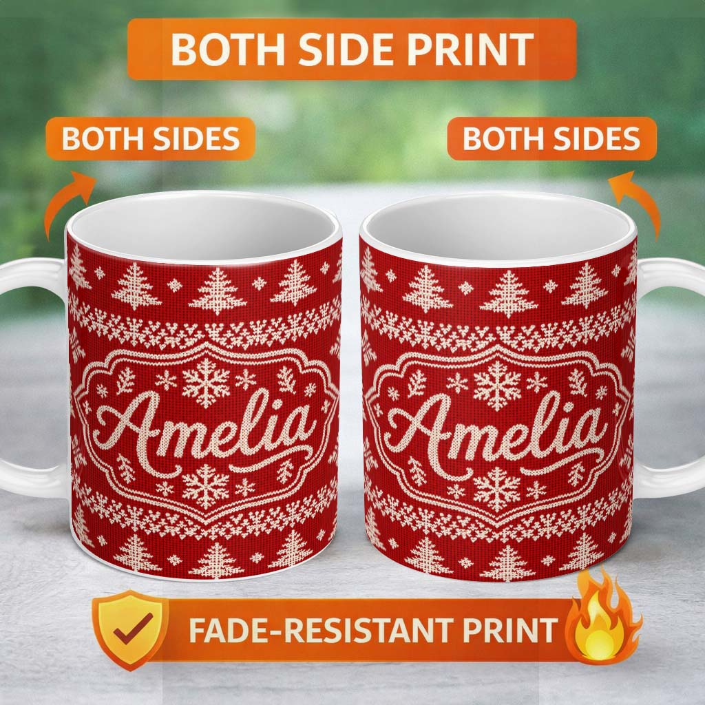 Personalized Custom Name Cute Red Knitted Christmas Tree Snowflake Nordic Classic Seamless 11oz Ceramic Coffee Tea Mug White Large Handle