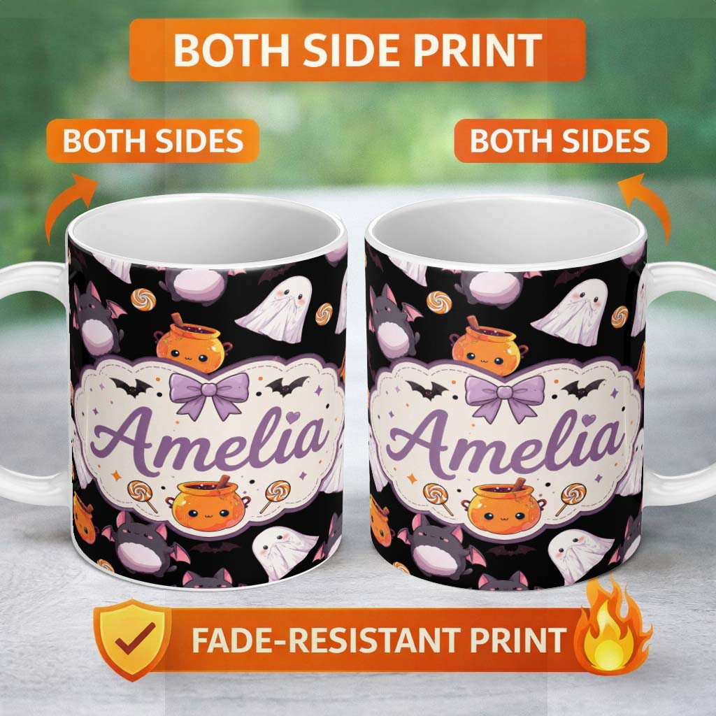 Personalized Custom Name Cute Halloween Ghost Bat Candy Pumpkin Seamless Pattern White Lovely 11oz Ceramic Coffee Tea Mug White Large Handle