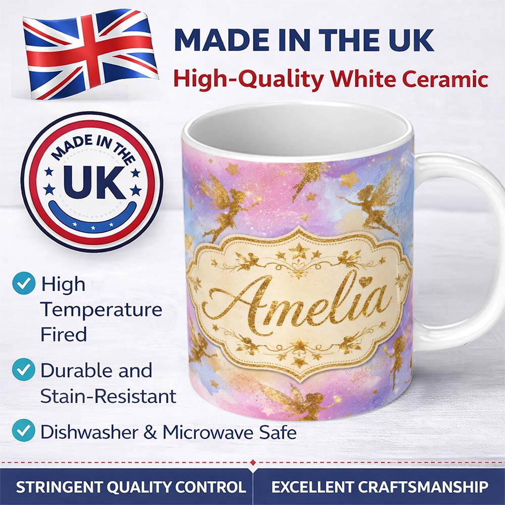 Personalized Custom Name Magical Gold Fairy Silhouettes with Stars on Watercolor Sky Lovely 11oz Ceramic Coffee Tea Mug White Large Handle