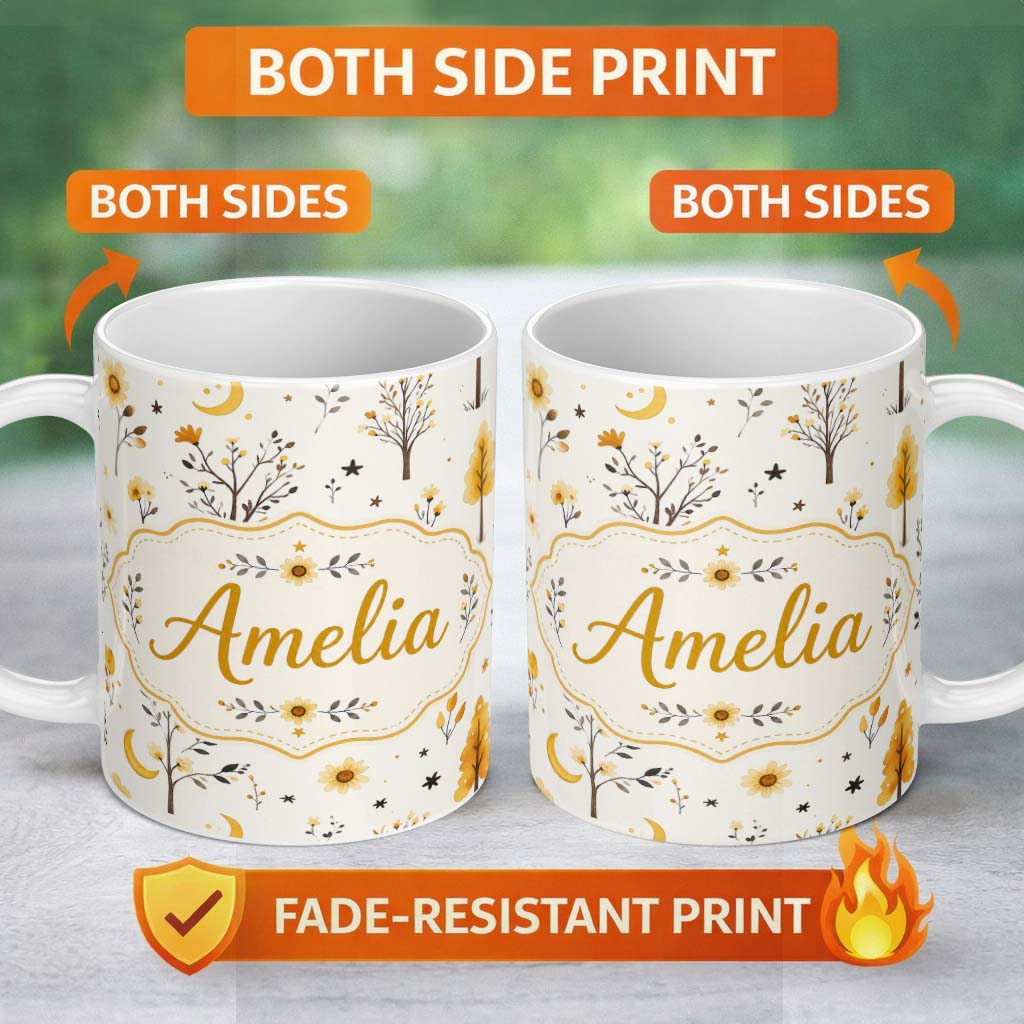 Personalized Custom Name Minimal Autumn Trees and Delicate Floral Elements Seamless Pattern 11oz Ceramic Coffee Tea Mug White Large Handle