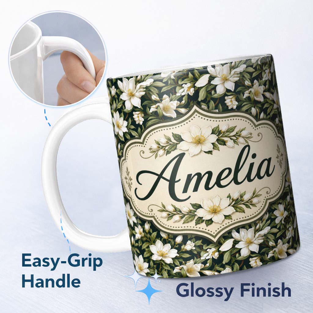 Personalized Custom Name Dark Background Magnolia Style White Flowers with Green Foliage 11oz Ceramic Coffee Tea Mug White Large Handle