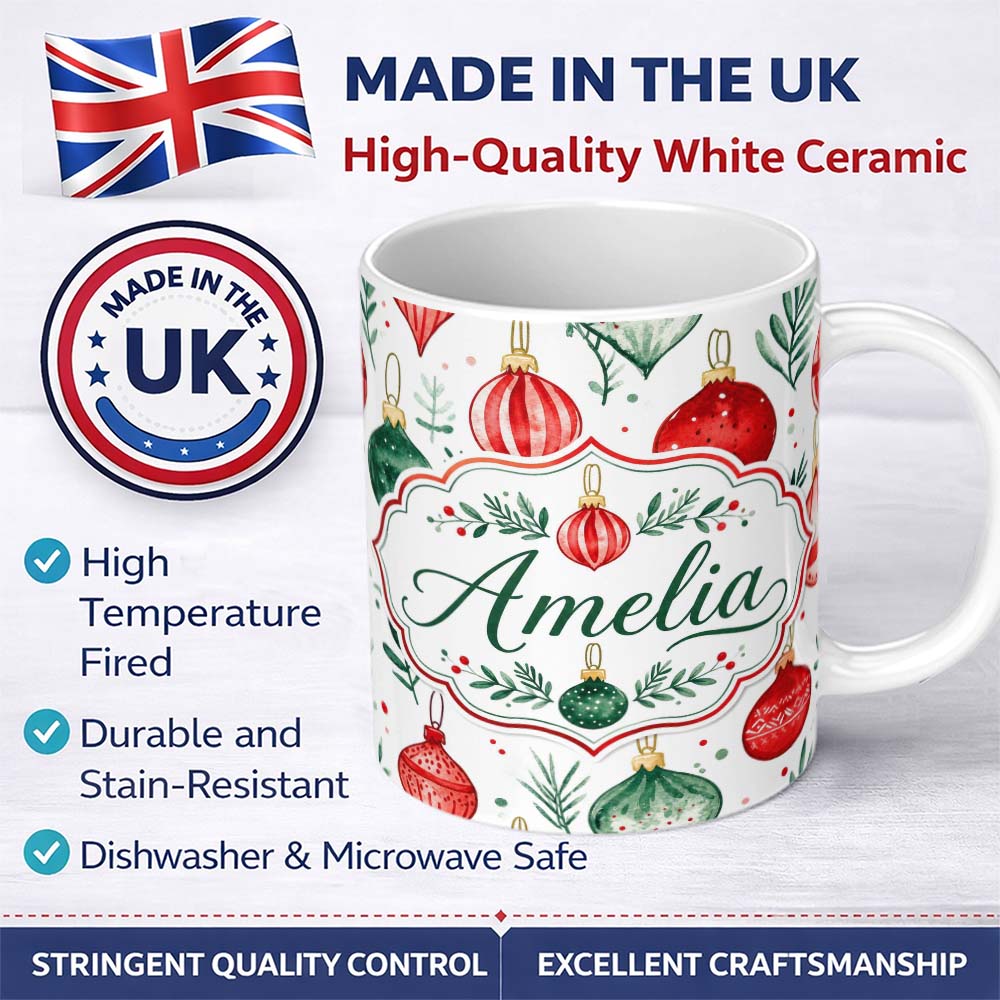 Personalized Custom Name Watercolor Christmas Baubles Ornaments Festive Seamless Pattern 11oz Ceramic Coffee Tea Mug White Large Handle