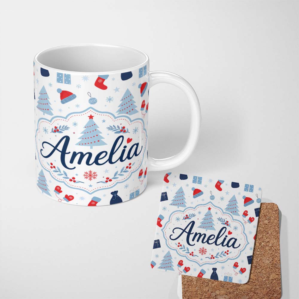 Personalized Custom Name Christmas Gifts Stockings Mittens and Trees Seamless Festive Holiday 11oz Ceramic Coffee Tea Mug White Large Handle