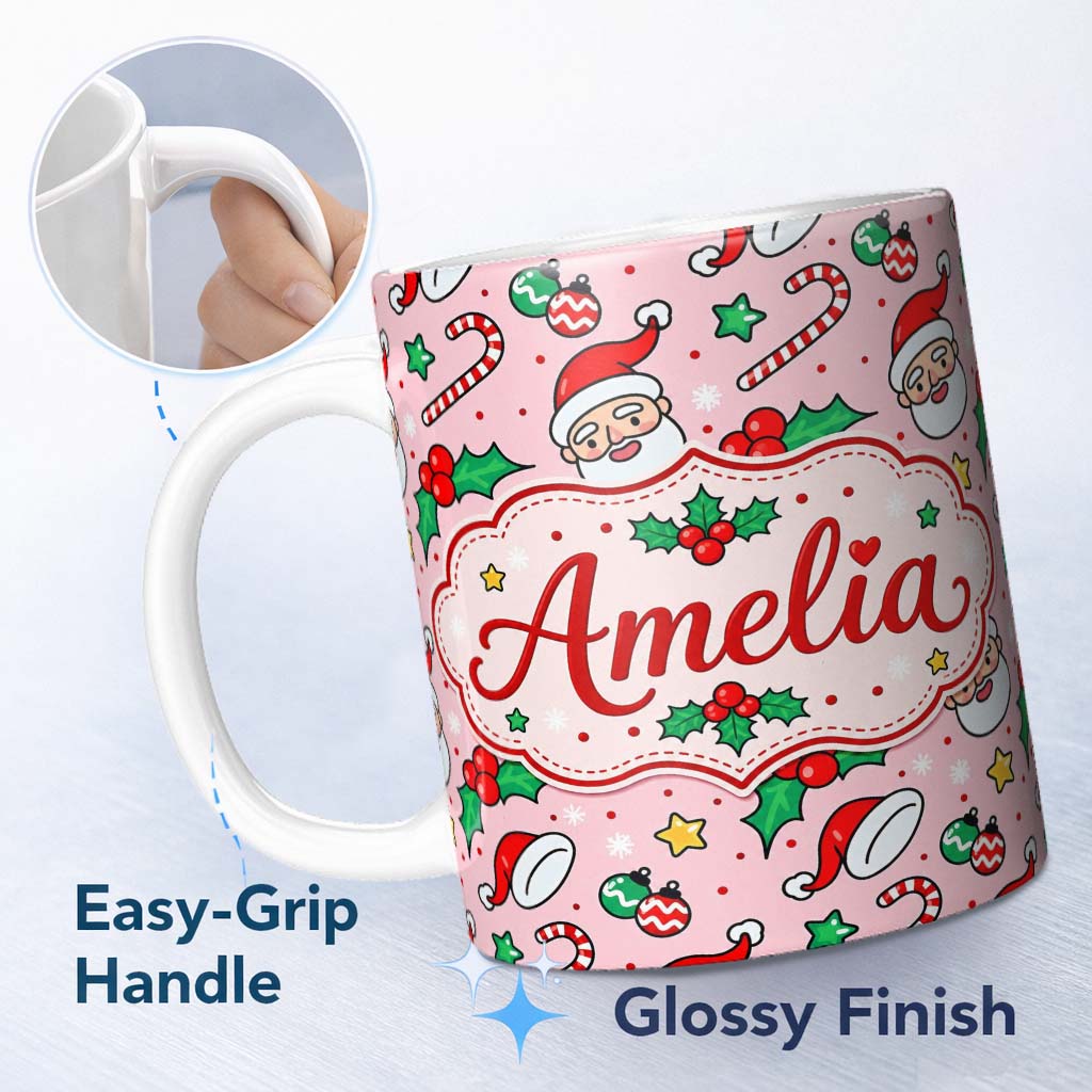 Personalized Custom Name Cute Santa Face Hats Candy Cane Pink Seamless Pattern Lovely 11oz Ceramic Coffee Tea Mug White Large Handle