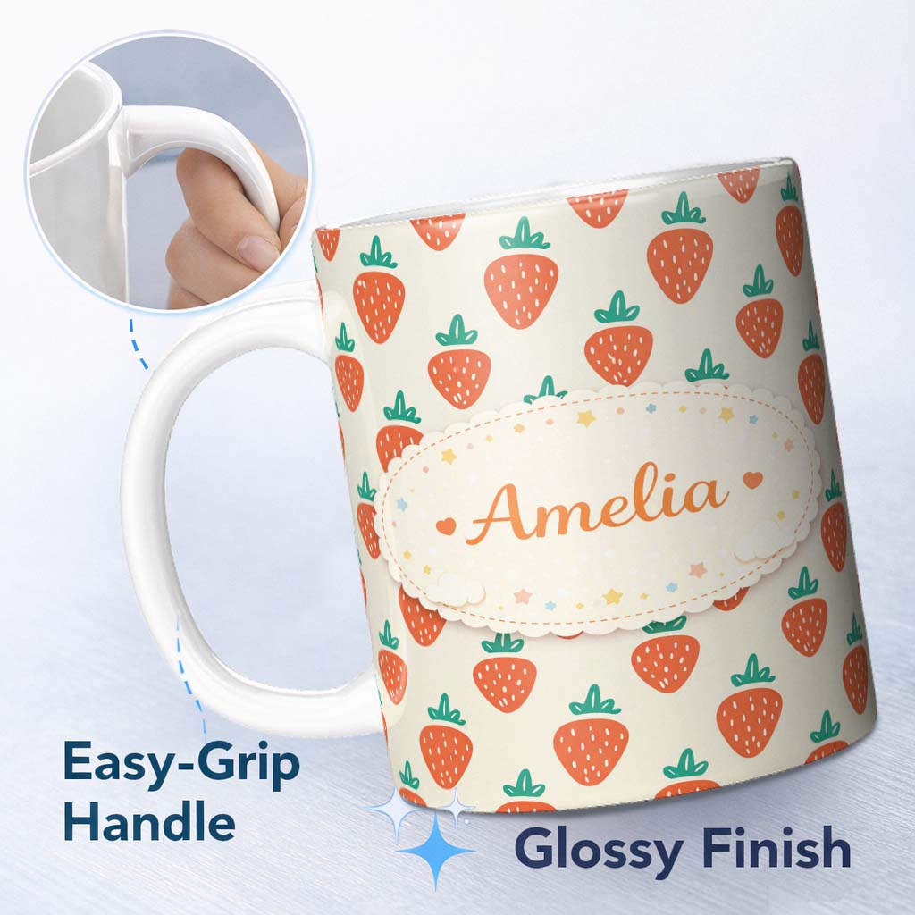 Personalized Custom Name Cute Strawberry Minimal Fruit Seamless Pattern Beautiful Coffee Cup 11oz Ceramic Coffee Tea Mug White Large Handle