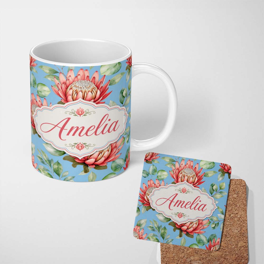 Personalized Custom Name Coral Protea Flowers on Soft Blue Background Seamless Botanical 11oz Ceramic Coffee Tea Mug White Large Handle