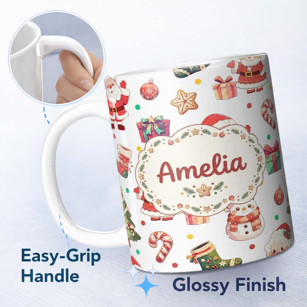 Personalized Custom Name Cute Santa Claus Mrs Claus Snowman Christmas Gift Candy Cane Lovely 11oz Ceramic Coffee Tea Mug White Large Handle