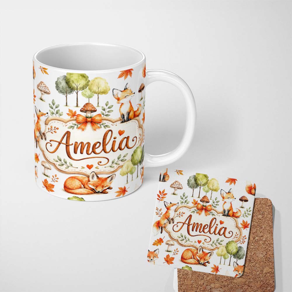 Personalized Custom Name Woodland Fox with Trees Leaves Mushrooms Soft Grey Seamless Pattern 11oz Ceramic Coffee Tea Mug White Large Handle